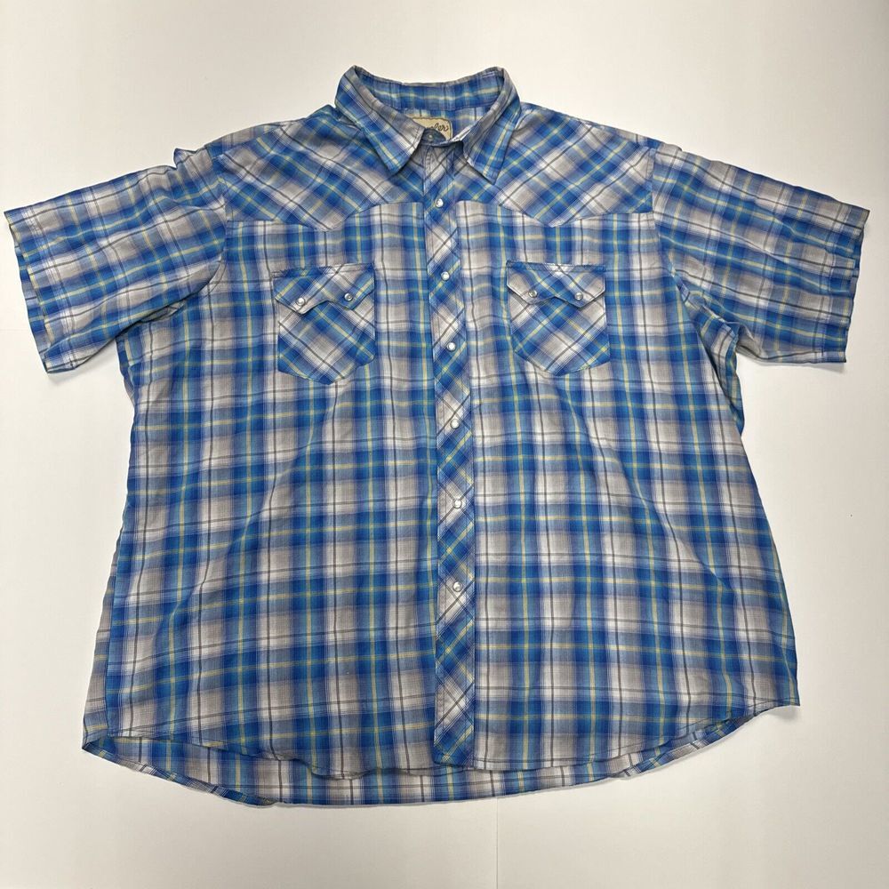 Wrangler-Mens Short Sleeve Western Pearl‎ Snap Shirt, 2XL, Blue Plaid